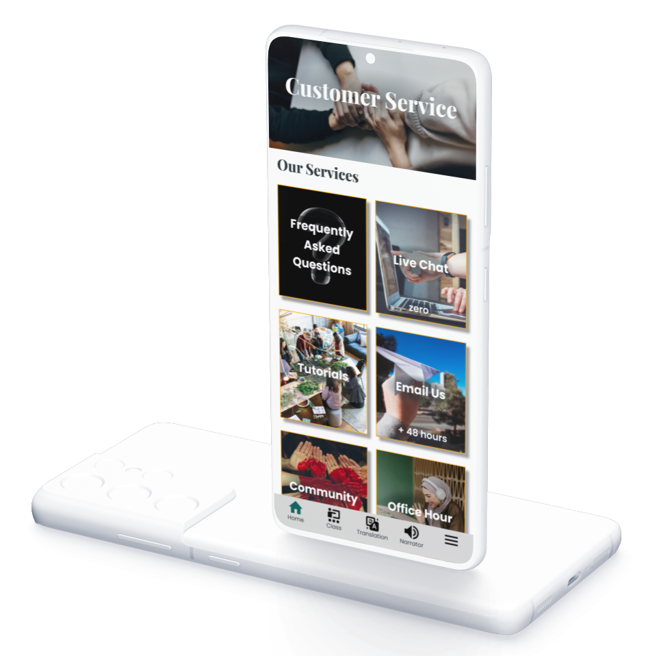 Mobile mockup showing the customer service platform support tools